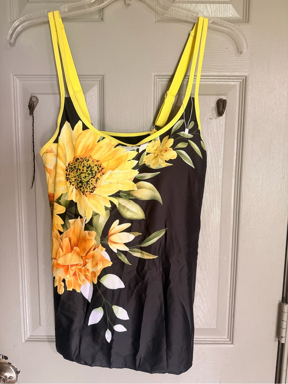 Black One-Piece Swimsuit with Yellow Sunflower Print
